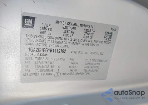 2011 Chevrolet Express 3500 Lt from USA, damaged, VIN 1GAZG1FG1B1119792